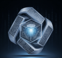 A three-dimensional symbol with a central glowing cube containing a stylized brain pattern, surrounded by interlocking geometric shapes with etched circuit board traces.